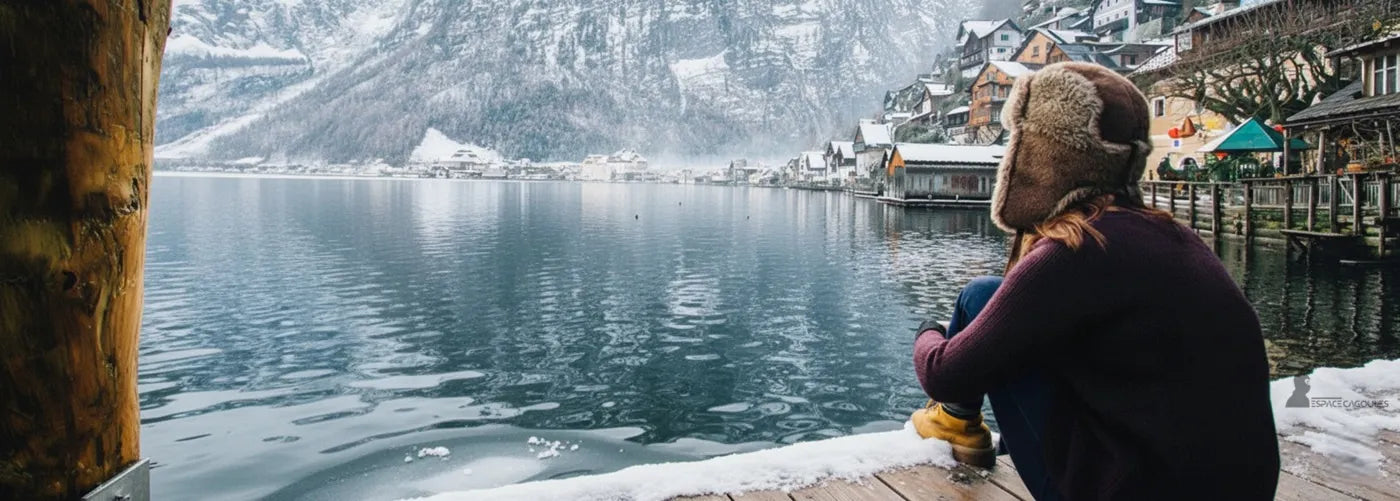 Chapka brune en peau retournée et fourrure beige portée par une femme assise face à un lac enneigé bordé de chalets de montagne – Chapka Femme Espace Cagoules
