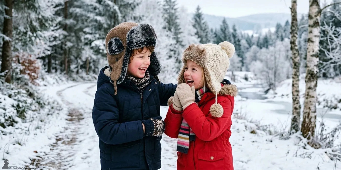 Chapka enfant hiver avec rabats latéraux couvrant oreilles et nuque, deux enfants riant dans un décor hivernal enneigé - Espace Cagoules