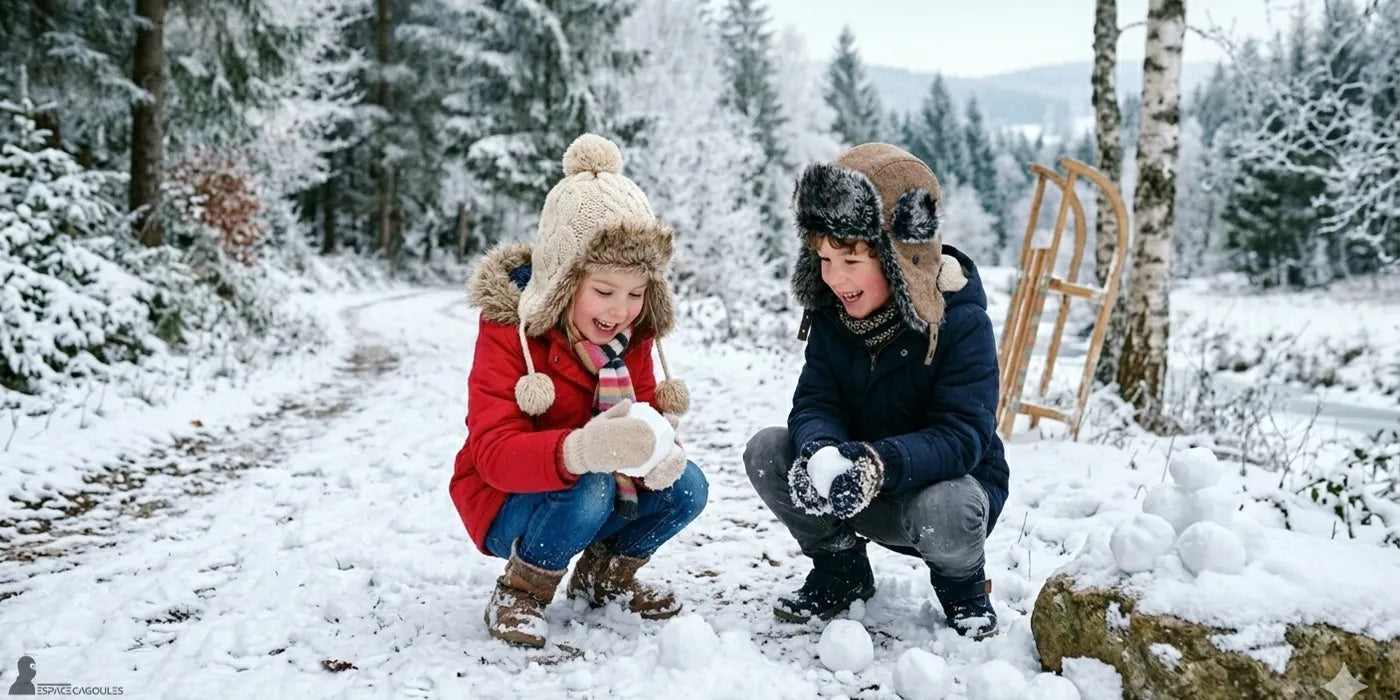 Chapka enfant hiver portée par un garçon et une fille jouant dans la neige avec rabats en fourrure couvrant les oreilles - Espace Cagoules