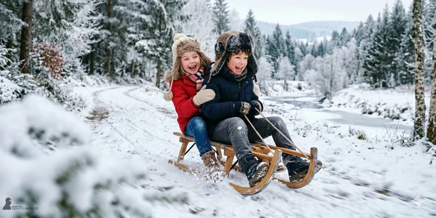 Chapka enfant hiver portée par deux enfants riant en luge sur un chemin enneigé, forêt hivernale en arrière-plan - Espace Cagoules