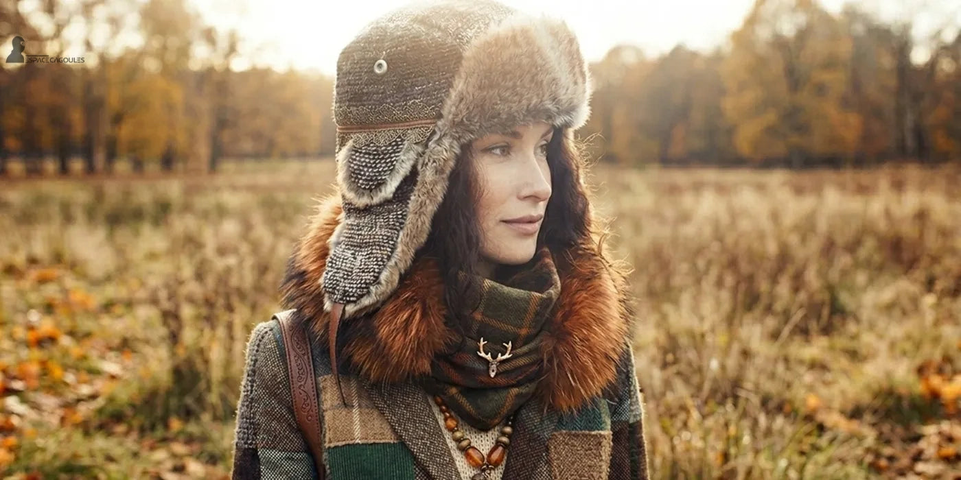 Chapka femme avec rabats latéraux en fourrure portée par une femme en tenue d’extérieur dans un paysage automnal - Espace Cagoules