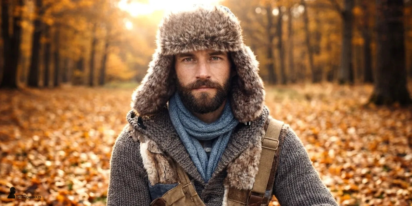 Chapka homme en fourrure marron portée par un homme barbu avec écharpe bleue en forêt automnale - Espace Cagoules