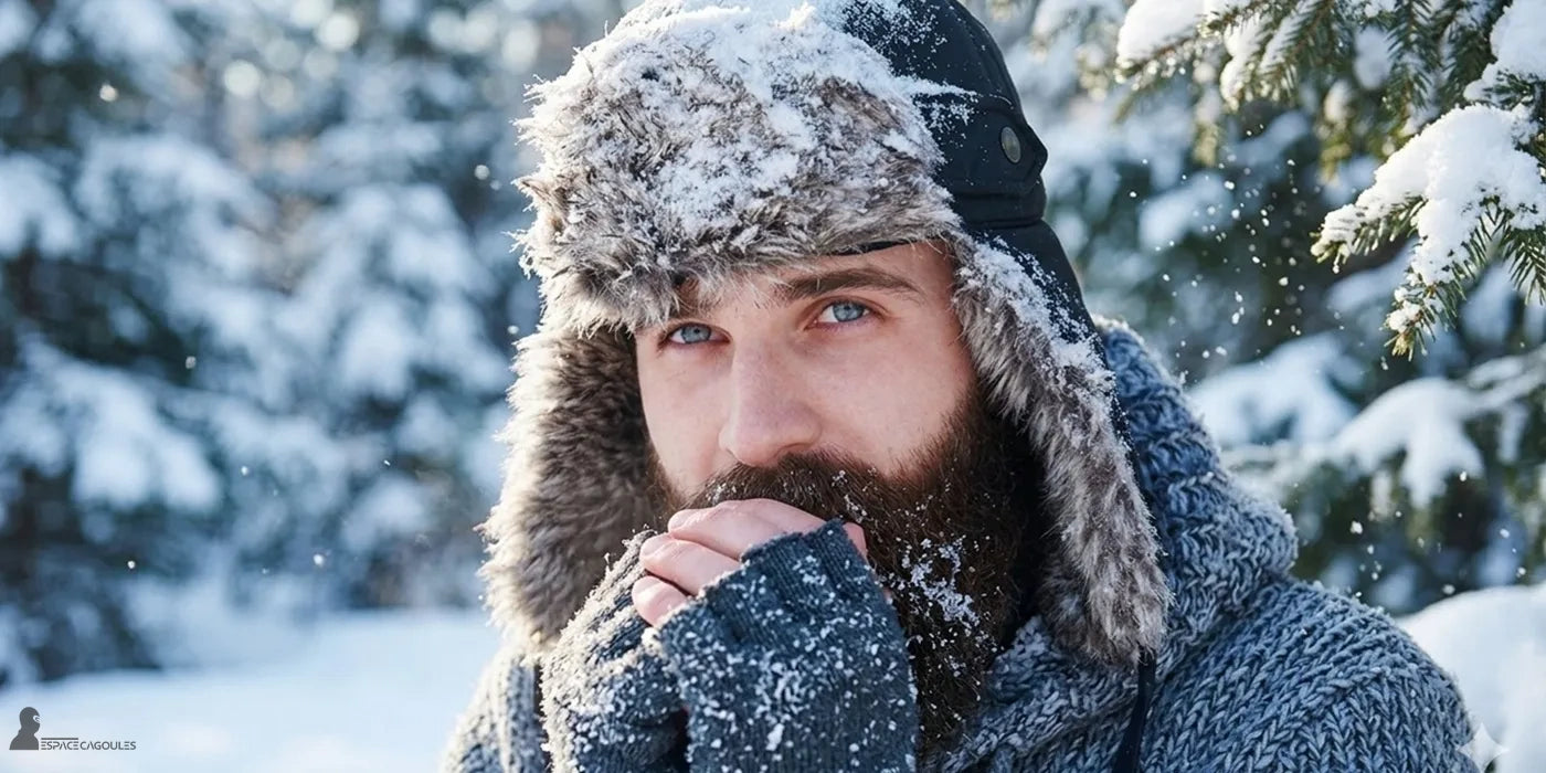 Chapka homme en fourrure grise portée par un homme barbu dans un environnement enneigé en forêt - Espace Cagoules