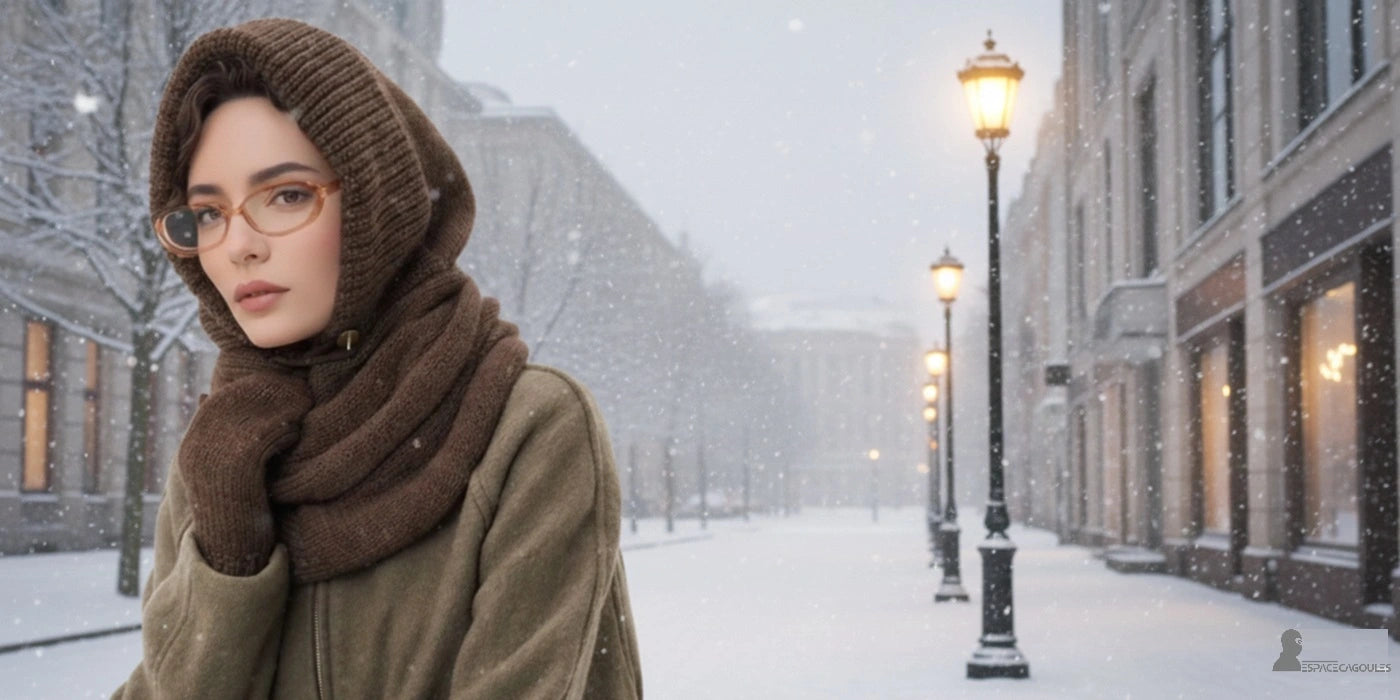 Écharpe cagoule marron portée par une femme en ville en hiver, maille épaisse et douce, couvrant la tête et le cou, ambiance urbaine sous la neige