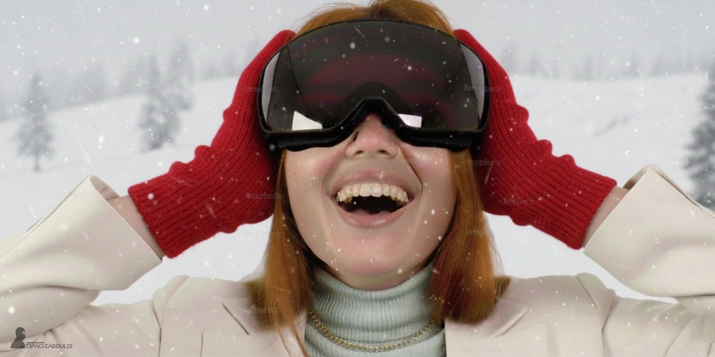 Gants et Mitaines hiver portés par une femme souriante, avec des gants rouges chauds et des lunettes de ski, dans un environnement enneigé.