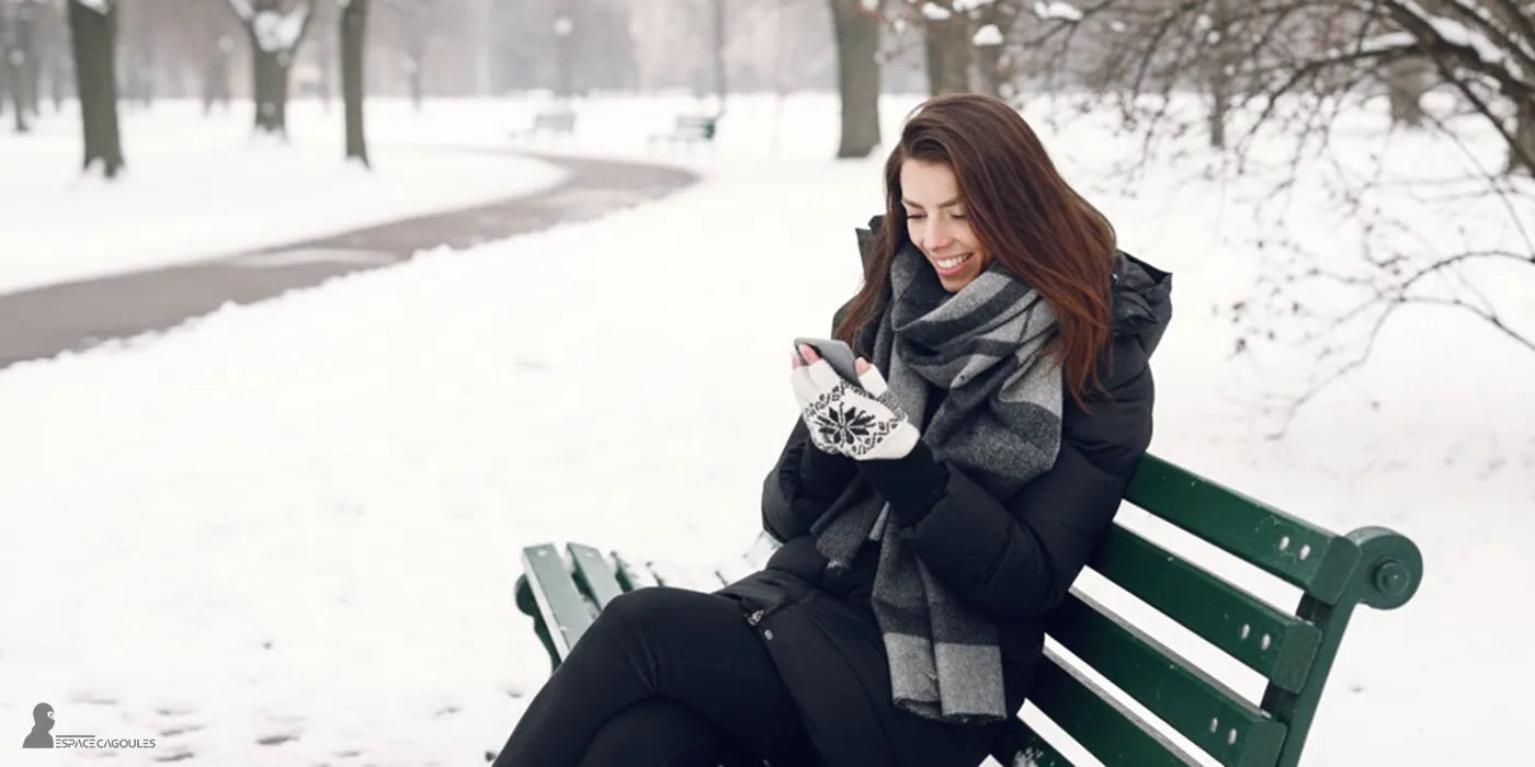 Gants et Mitaines hiver portés par une femme assise sur un banc, utilisant son téléphone en extérieur par temps froid dans un parc enneigé.