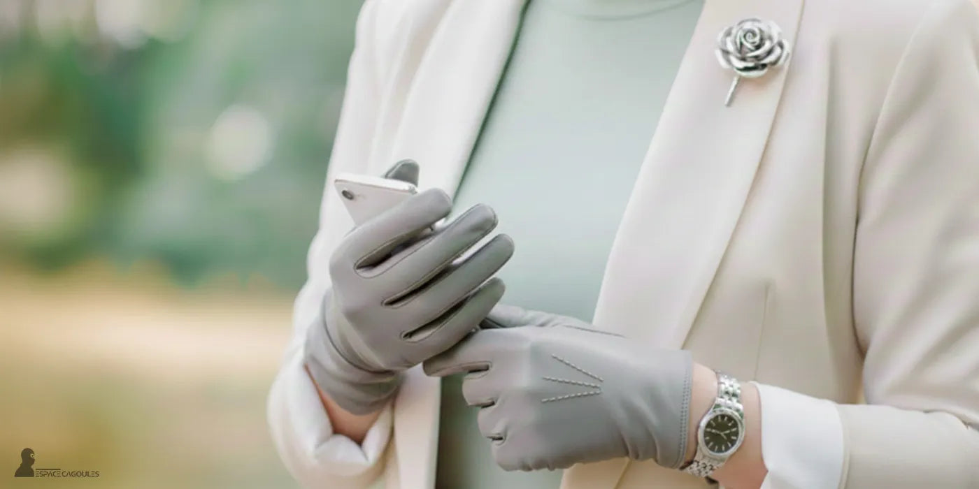 Gants et Mitaines hiver élégants portés par une femme, avec des gants gris fins permettant l’utilisation d’un smartphone.