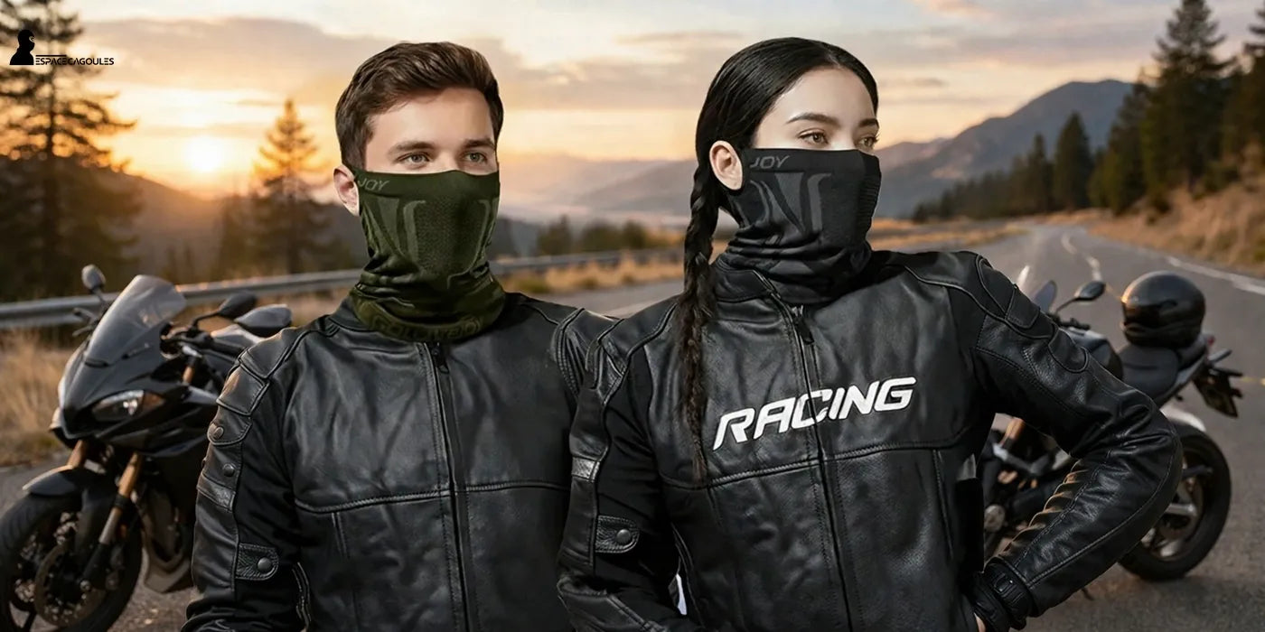 Homme et femme à moto portant une cagoule masque de protection sous un blouson en cuir noir.