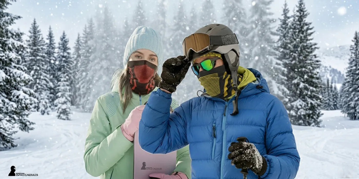 Skieurs en montagne équipés d'une cagoule masque thermique et de lunettes de protection pour le froid.