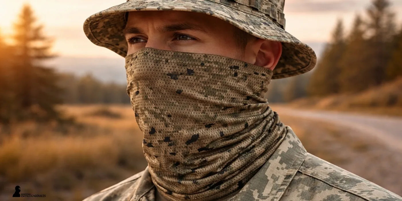Homme en tenue militaire portant une cagoule masque camouflage avec tissu micro-perforé.