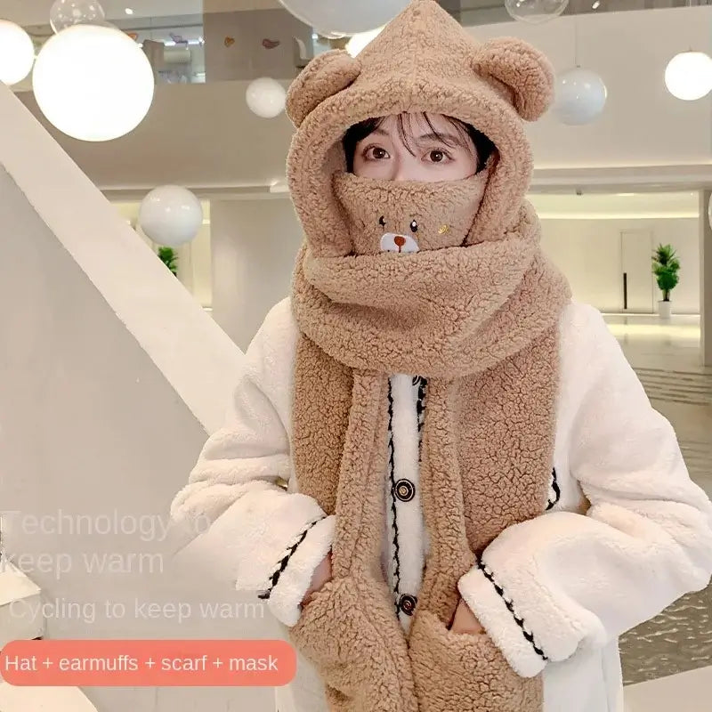 Écharpe cagoule pour femme en polaire marron avec des oreilles d'ours, dotée d'une écharpe intégrée et d'un design doux et chaleureux. Idéal pour se protéger du froid tout en restant adorable et confortable.