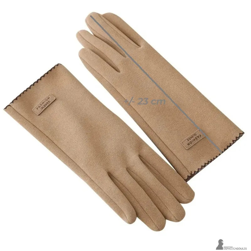 Warm dralon gloves for women in soft dralon material, gloves displayed flat with length indication, product view on a white background - Cagoules Space.