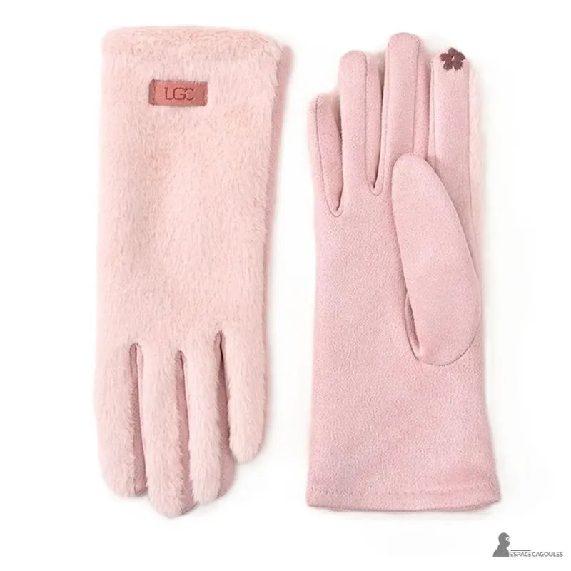 Warme Handschuhe für Frauen, flach präsentiert, Oberseite aus Kunstfell und Handfläche aus Wildlederimitat, Fünf-Finger-Form, Vorder- und Rückansicht - Cagoules Raum