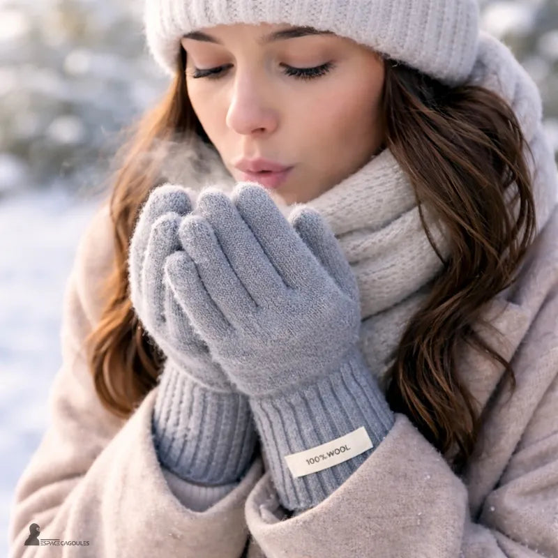 Wollhandschuhe für Frauen aus gestrickter Wolle, getragen von einer Frau im Freien, aufgenommen in einer winterlichen Umgebung mit Mantel und Mütze – Cagoules Raum.