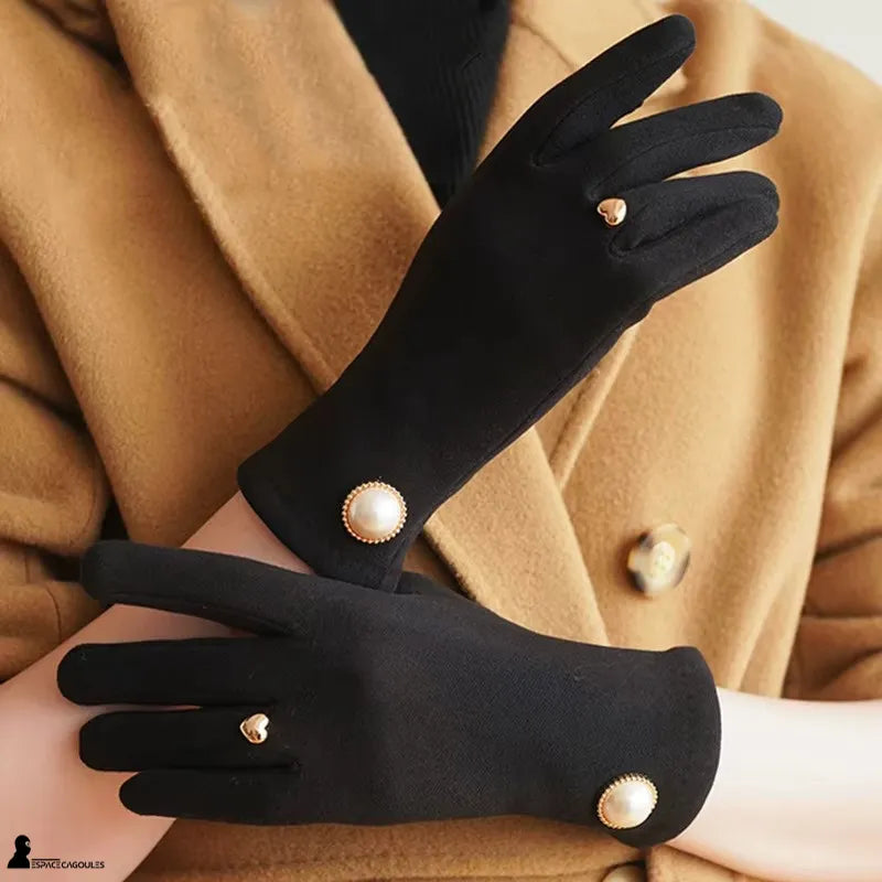 Damen Winterhandschuhe in elegantem Schwarz aus Polyester, Frontansicht mit dezenten Strassdetails auf dem Handrücken, elegante Ausführung für den täglichen Wintergebrauch - Cagoules Raum