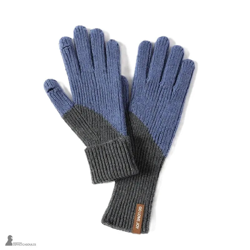 Guanti lunghi da donna in fibra sintetica, maglia fine blu e grigia, forma allungata, vista frontale su sfondo bianco che mostra la lunghezza del polso – Spazio Cagoule