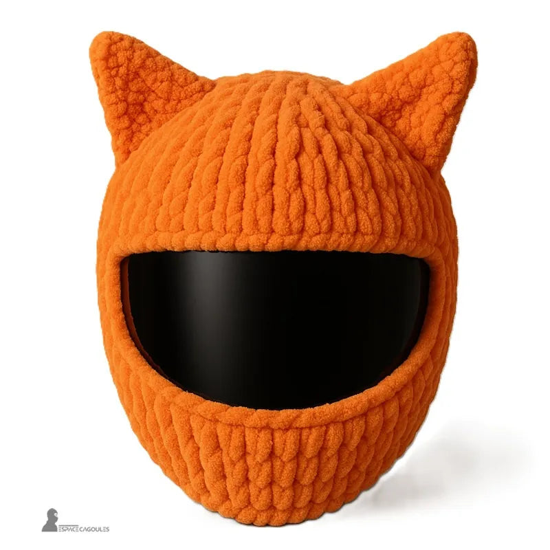 Housse cagoule pour casque Moto orange avec oreilles de chat, texture tricot épaisse et finition polaire, fond blanc, Espace Cagoules