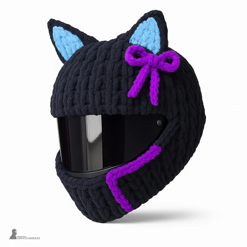 Housse cagoule pour casque Moto noire à oreilles bleues, nœud violet et bordures assorties, finition tricotée, Espace Cagoules
