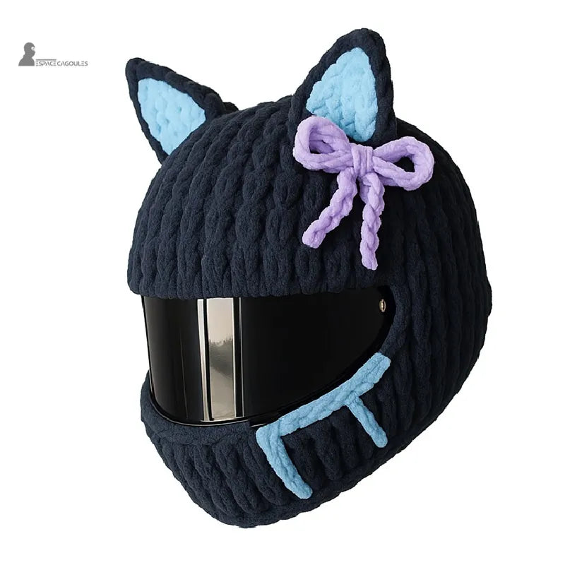 Housse cagoule pour casque Moto noire à oreilles bleues et nœud lavande, tricot moelleux et visière noire, Espace Cagoules