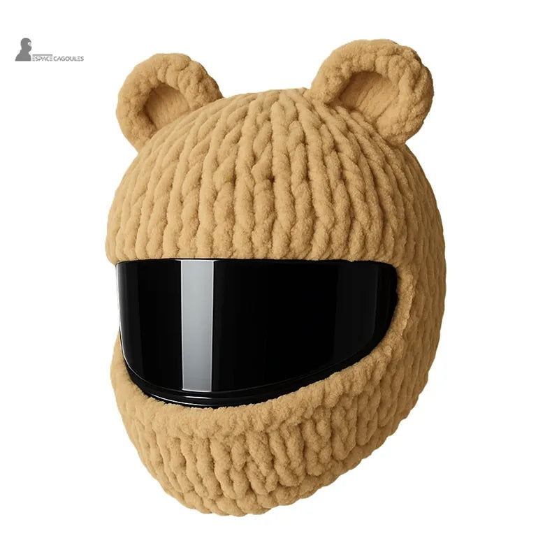 Housse cagoule pour casque Moto beige à oreilles rondes façon ourson, texture tricotée douce et visière noire, Espace Cagoules