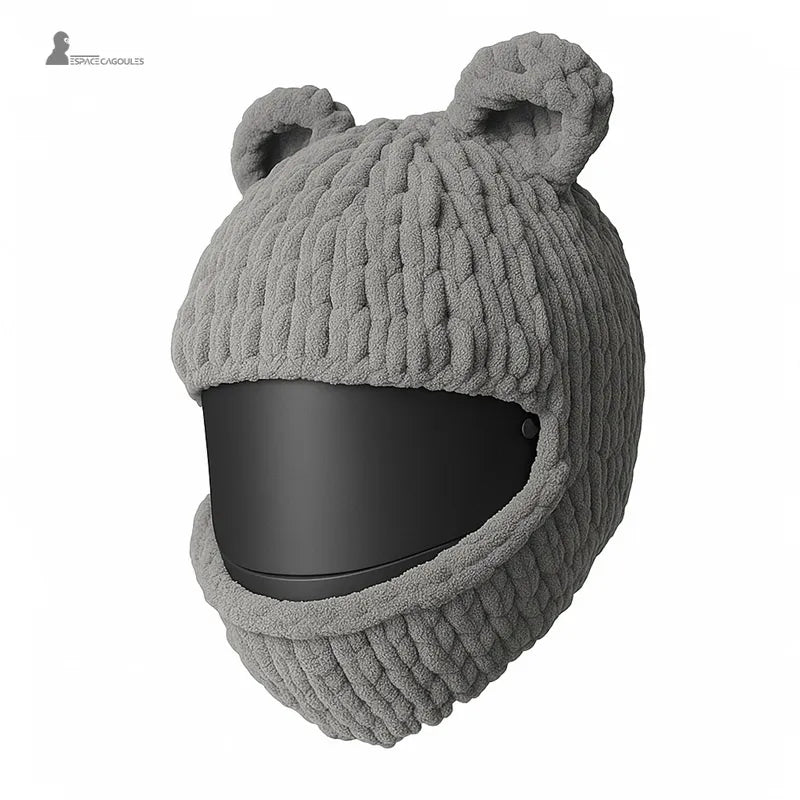 Housse cagoule pour casque Moto grise avec petites oreilles rondes, finition polaire épaisse et visière noire, Espace Cagoules