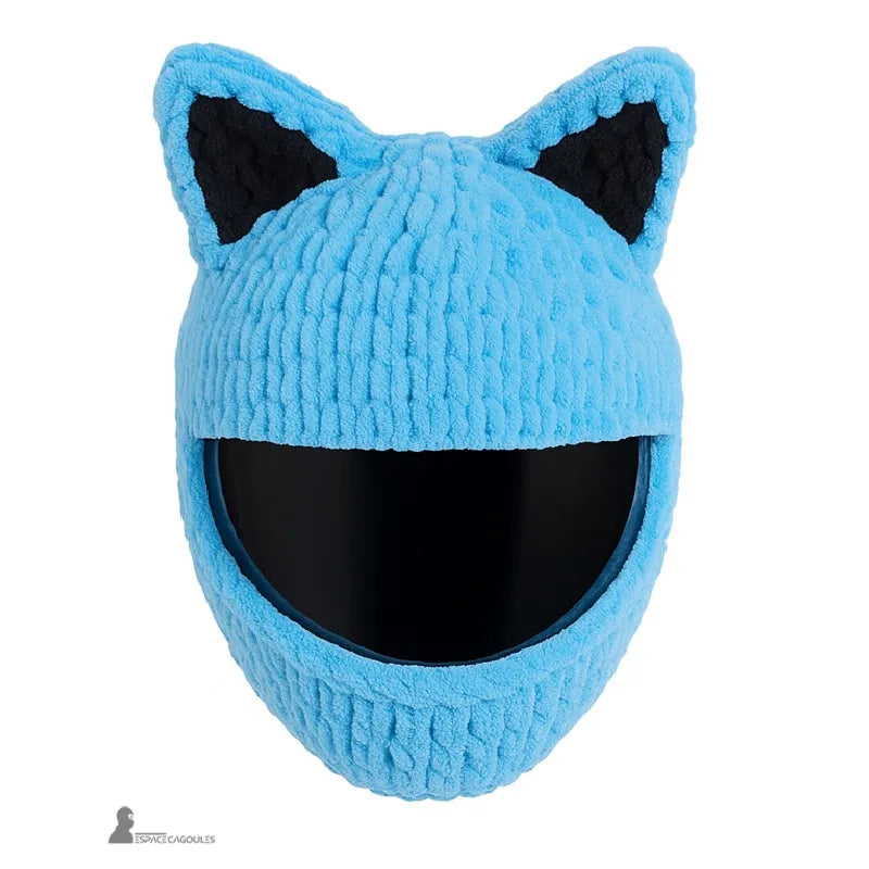 Housse cagoule pour casque Moto bleue avec oreilles de chat noires, tricot moelleux et fond blanc, Espace Cagoules