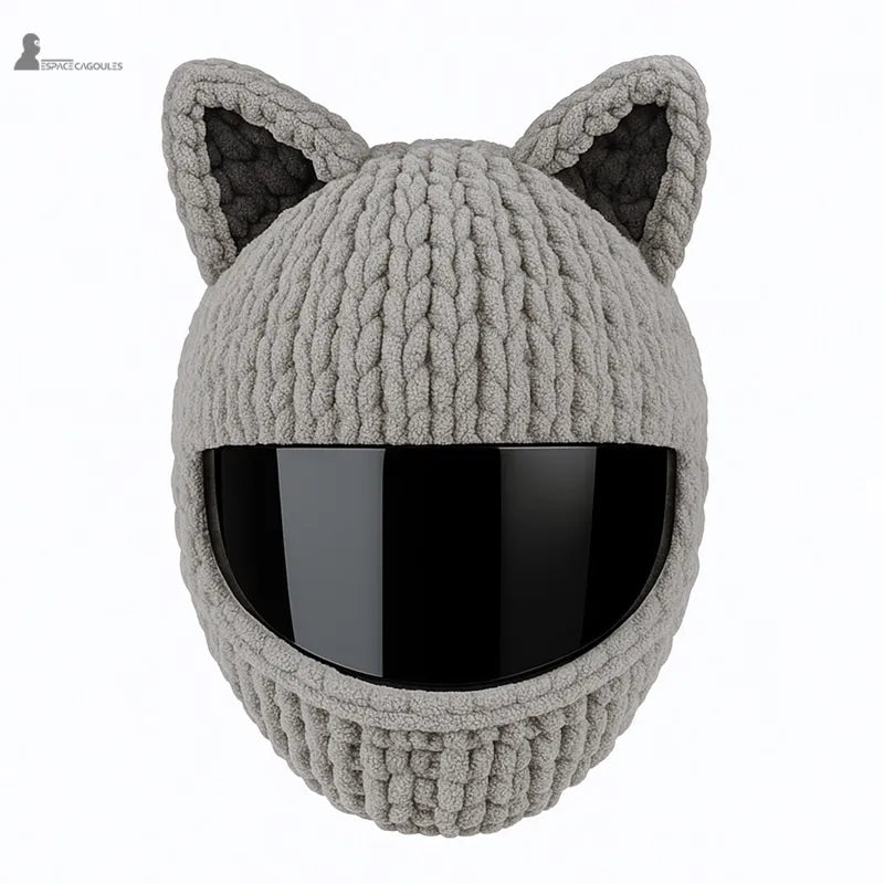 Housse cagoule pour casque Moto grise à texture épaisse, oreilles de chat et visière noire, fond clair, Espace Cagoules