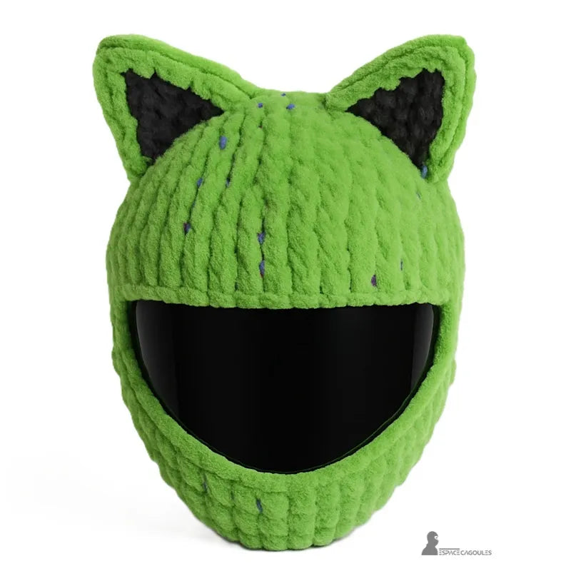 Housse cagoule pour casque Moto verte avec oreilles de chat et finition polaire texturée, fond blanc, Espace Cagoules