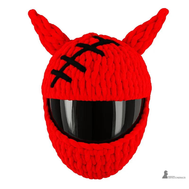 Housse cagoule pour casque Moto rouge avec cornes et coutures noires croisées, tricot épais sur fond blanc, Espace Cagoules