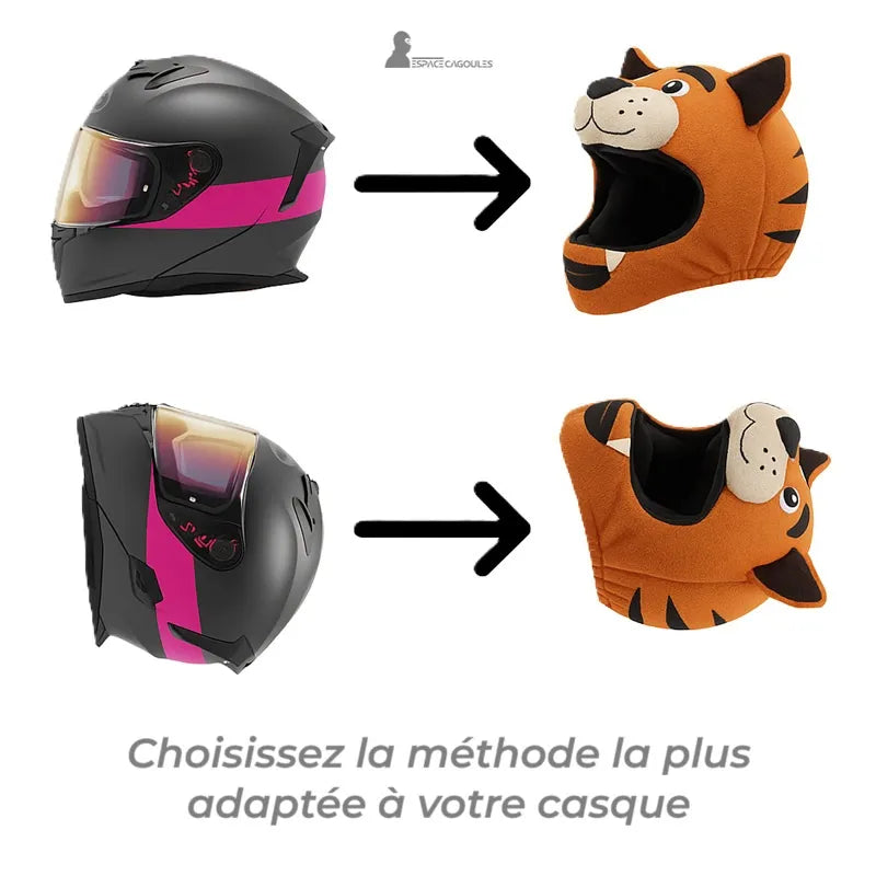 Guide d’intégration de la housse cagoule pour casque Moto, montrant la mise en place sur casque intégral, Espace Cagoules