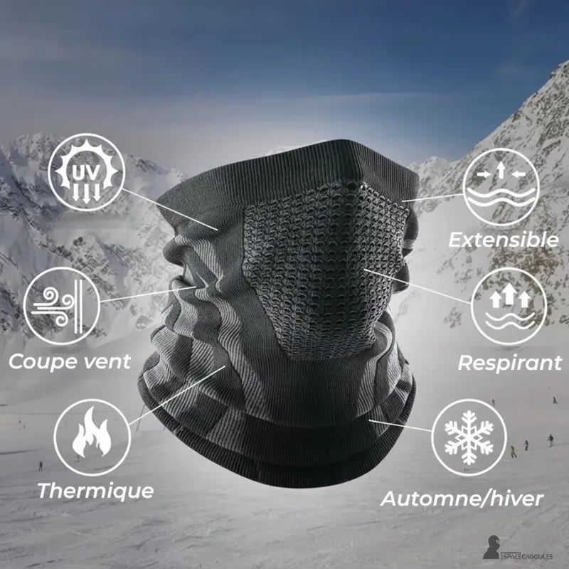 Masque cagoule ski en polyester respirant avec zone ajourée, forme tubulaire extensible couvrant le cou et le visage, vue produit avec pictogrammes techniques en environnement montagne hivernale – Espace Cagoules