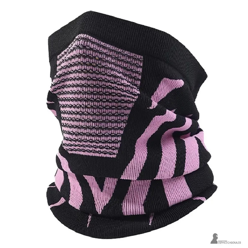 Masque cagoule ski en polyester extensible noir et rose, forme tubulaire couvrant le visage avec zone respirante frontale, vue de profil sur fond blanc – Espace Cagoules