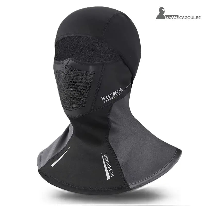 Meilleure Cagoule Moto noire présentée sur fond blanc, avec motifs respirants et col large coupe-vent