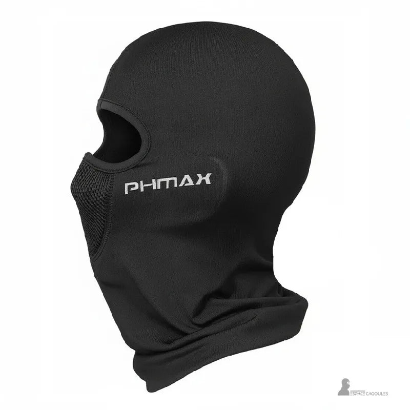 Moto cagoule noire vue de profil avec logo sur le côté