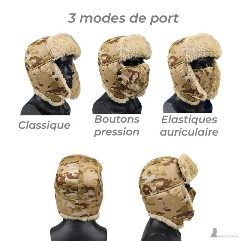 Ouchanka avec masque présentation des 3 modes de port classique boutons pression et élastiques auriculaires sur mannequin noir vue de profil et arrière - Espace Cagoules