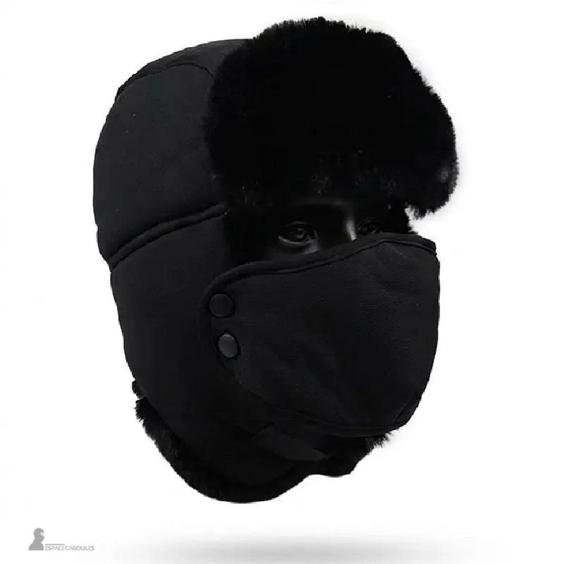 Ouchanka avec masque noire unie vue de profil avec fourrure intérieure visible et masque attaché par boutons pression sur fond neutre - Espace Cagoules