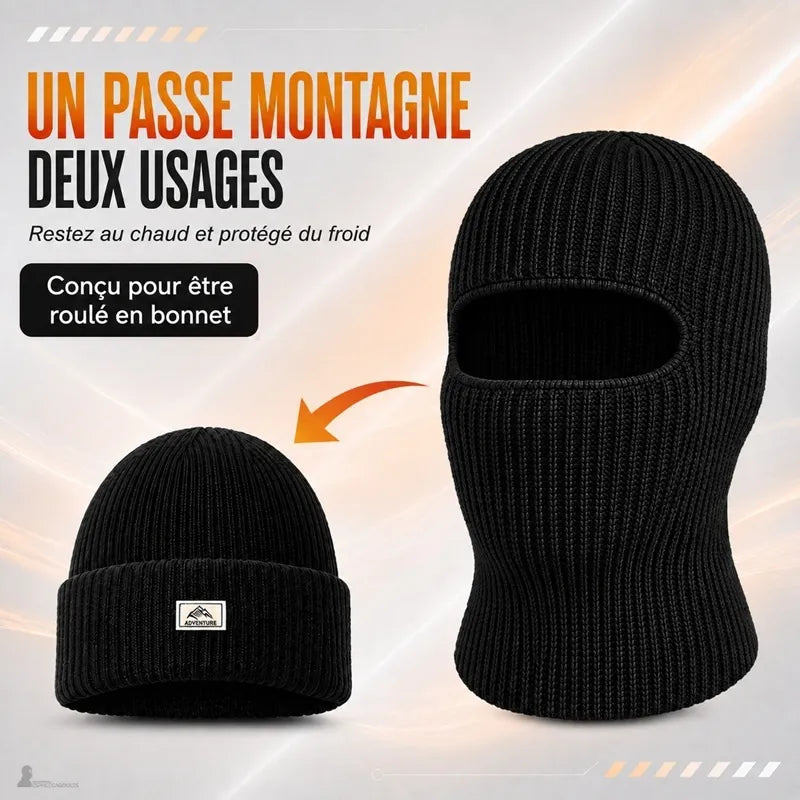Passe-montagne cagoule DuoPeak montrant les deux usages, déployé en cagoule ou roulé en bonnet - Espace Cagoules