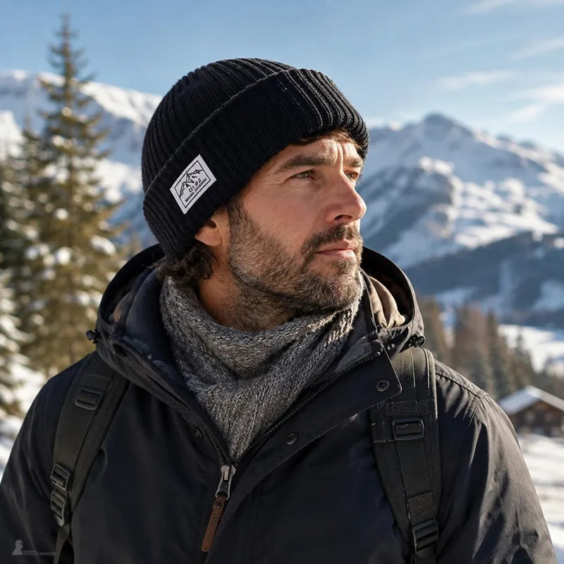 Randonneur portant la cagoule DuoPeak roulée en bonnet lors d'une sortie hivernale en montagne - Espace Cagoules