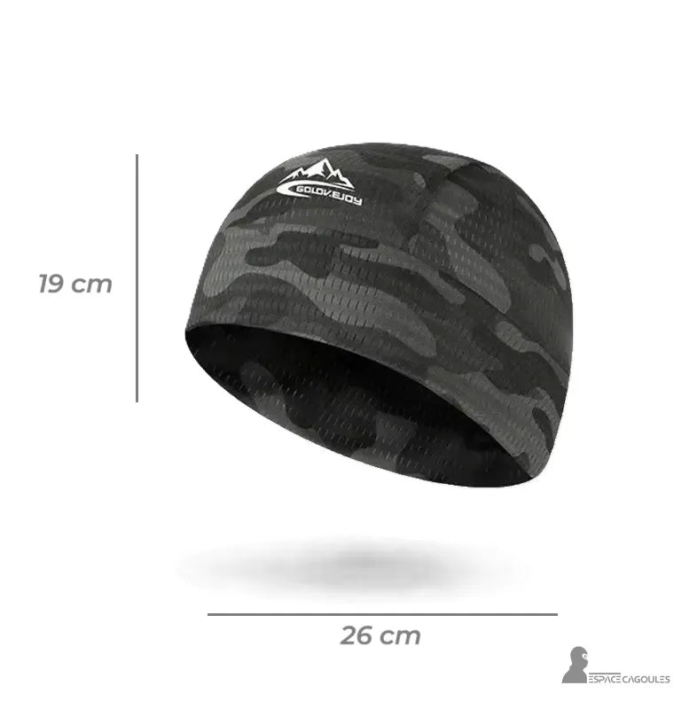 Sous casque été noir camouflage, dimensions 26 cm x 19 cm, conçu pour un confort optimal et une excellente respirabilité.