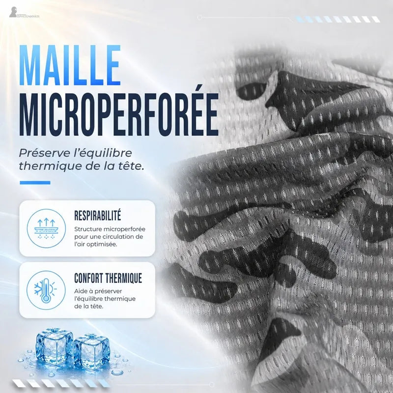 Gros plan sur la maille microperforée du sous-casque moto CapFlex camouflage - Espace Cagoules
