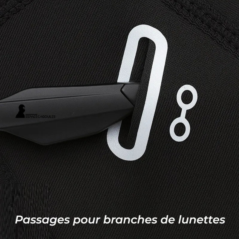 Sous Casque Moto été gros plan sur passage spécial pour branches de lunettes, assurant un port stable et ergonomique