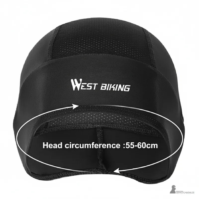 Sous Casque vélo été noir West Biking vu de dos avec indication taille pour tour de tête 55 à 60 cm