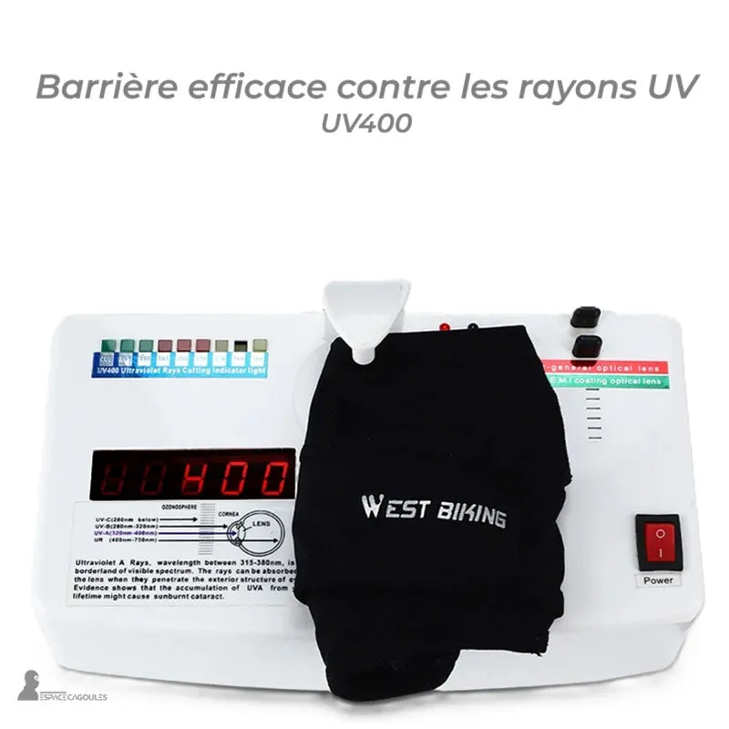 Sous Casque vélo été noir West Biking testé sur machine UV400, barrière efficace contre les rayons ultraviolets