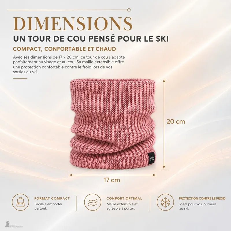 Dimensions du tour de cou ski femme Néva rose : 17 cm de large et 20 cm de haut, maille extensible pour le visage et le cou - Espace Cagoules