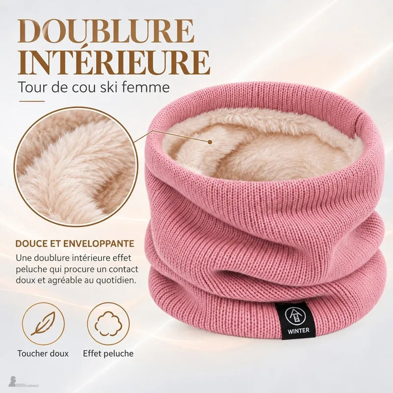 Doublure polaire effet peluche du tour de cou ski femme Néva rose, gros plan sur la maille intérieure douce et chaude - Espace Cagoules