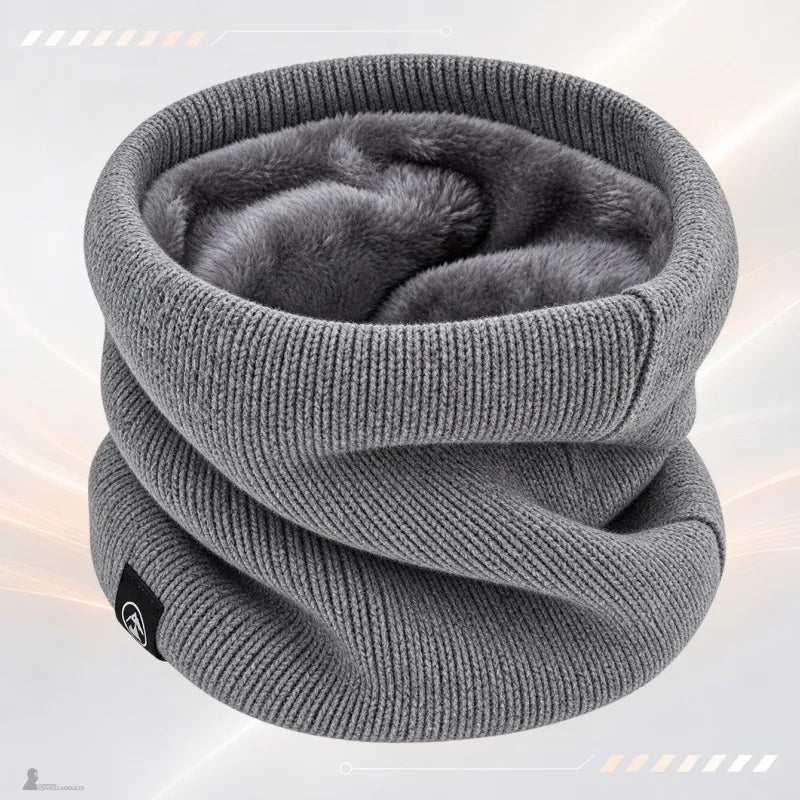Tour de cou ski femme Néva coloris gris en maille tricotée doublée polaire, vue de profil - Espace Cagoules