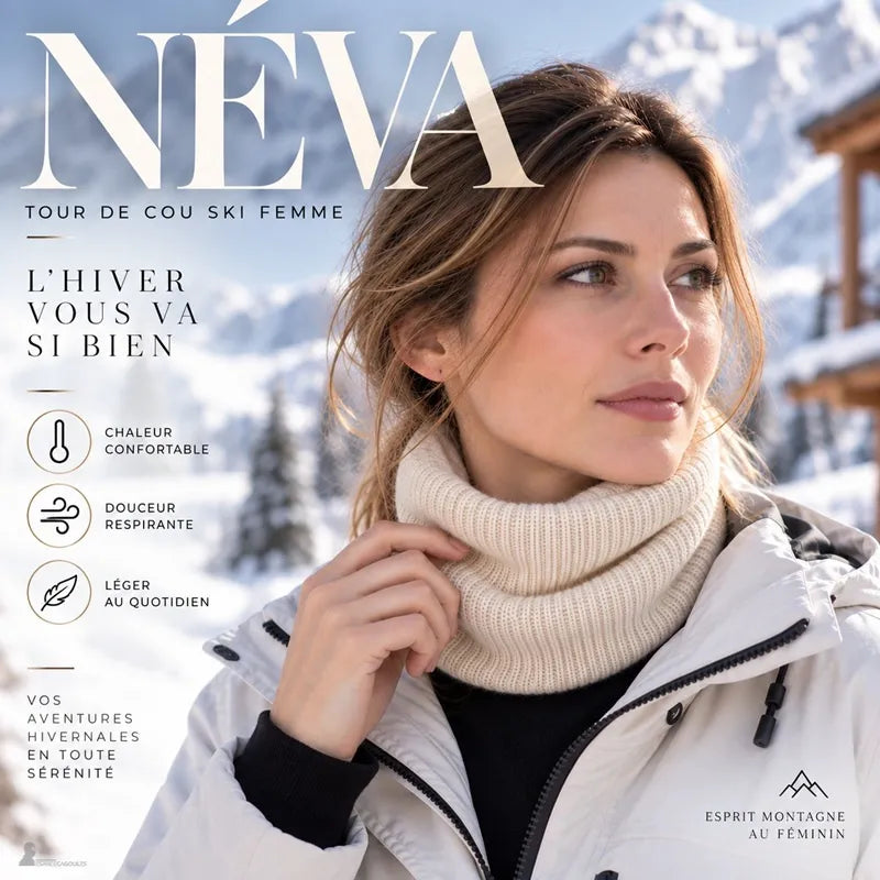 Tour de cou ski femme Néva écru porté par une skieuse en veste blanche devant un paysage de montagne enneigé - Espace Cagoules